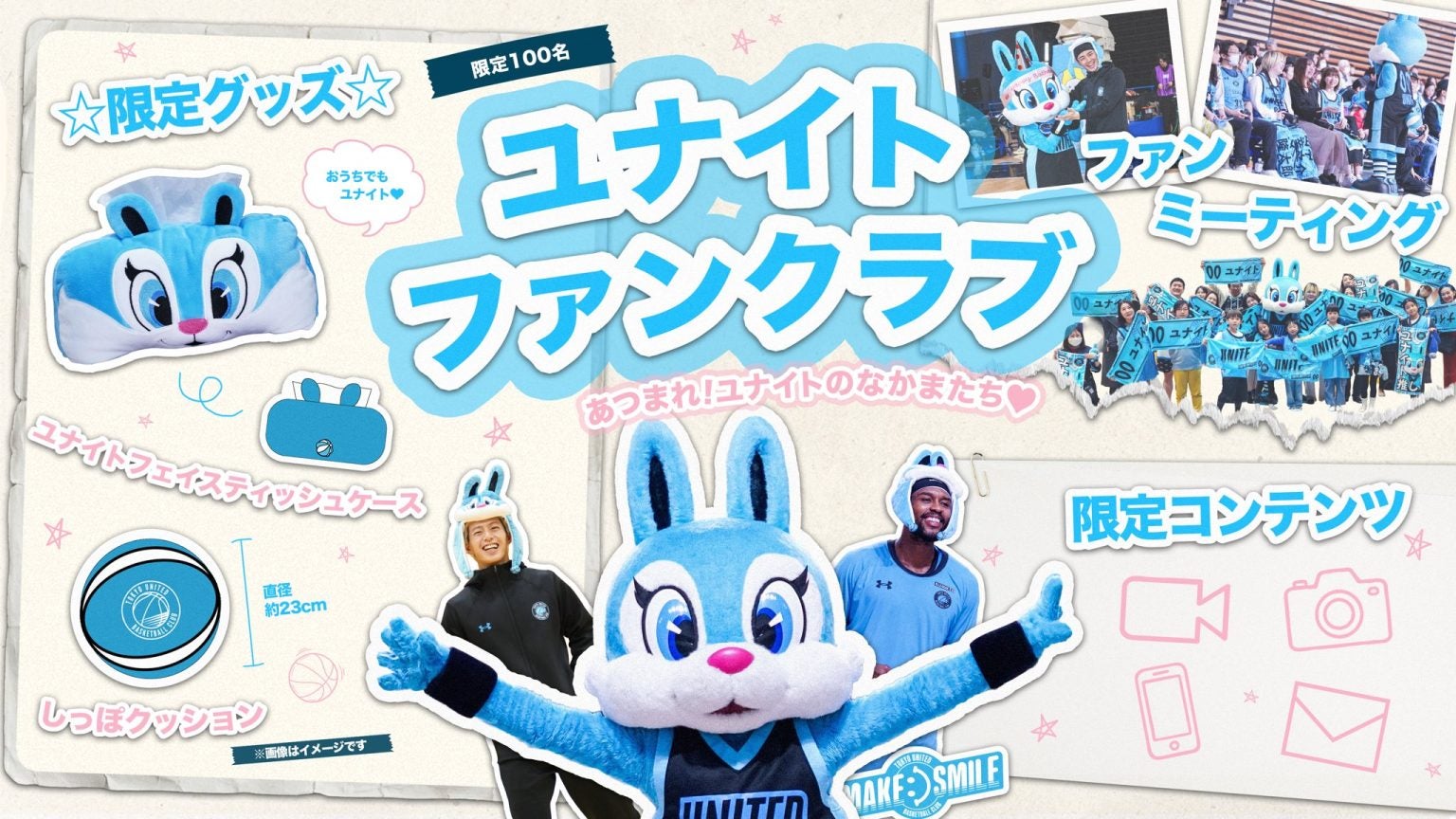 オプションプラン「ユナイトファンクラブ」（限定100名）の紹介。ユナイトフェイスティッシュケース、しっぽクッション、ファンミーティング、限定コンテンツ