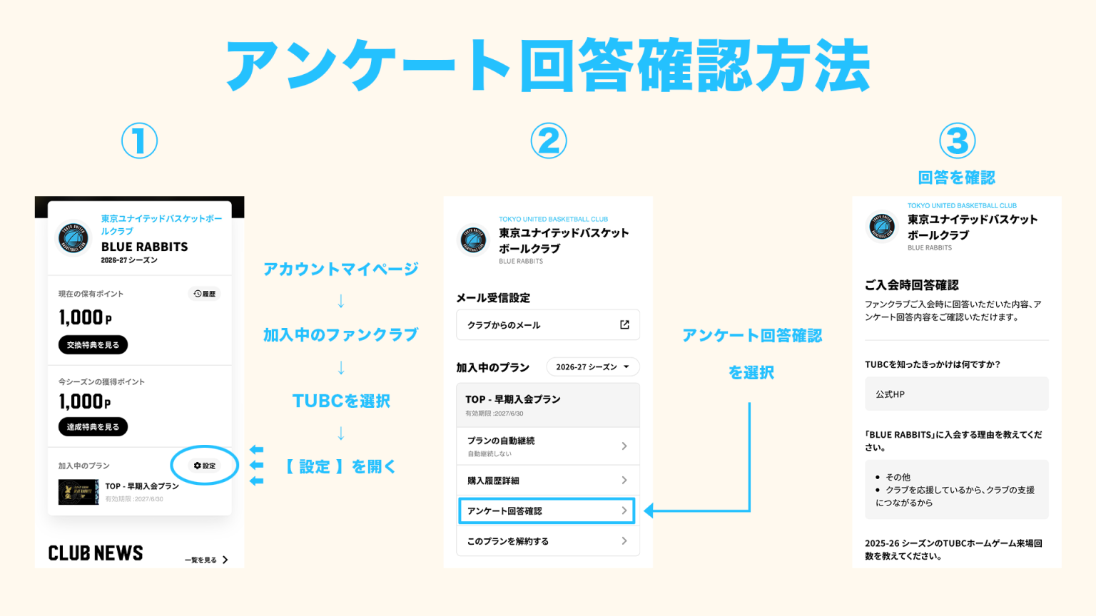 B.LEAGUEファンクラブのマイページでアンケート回答を確認する画面